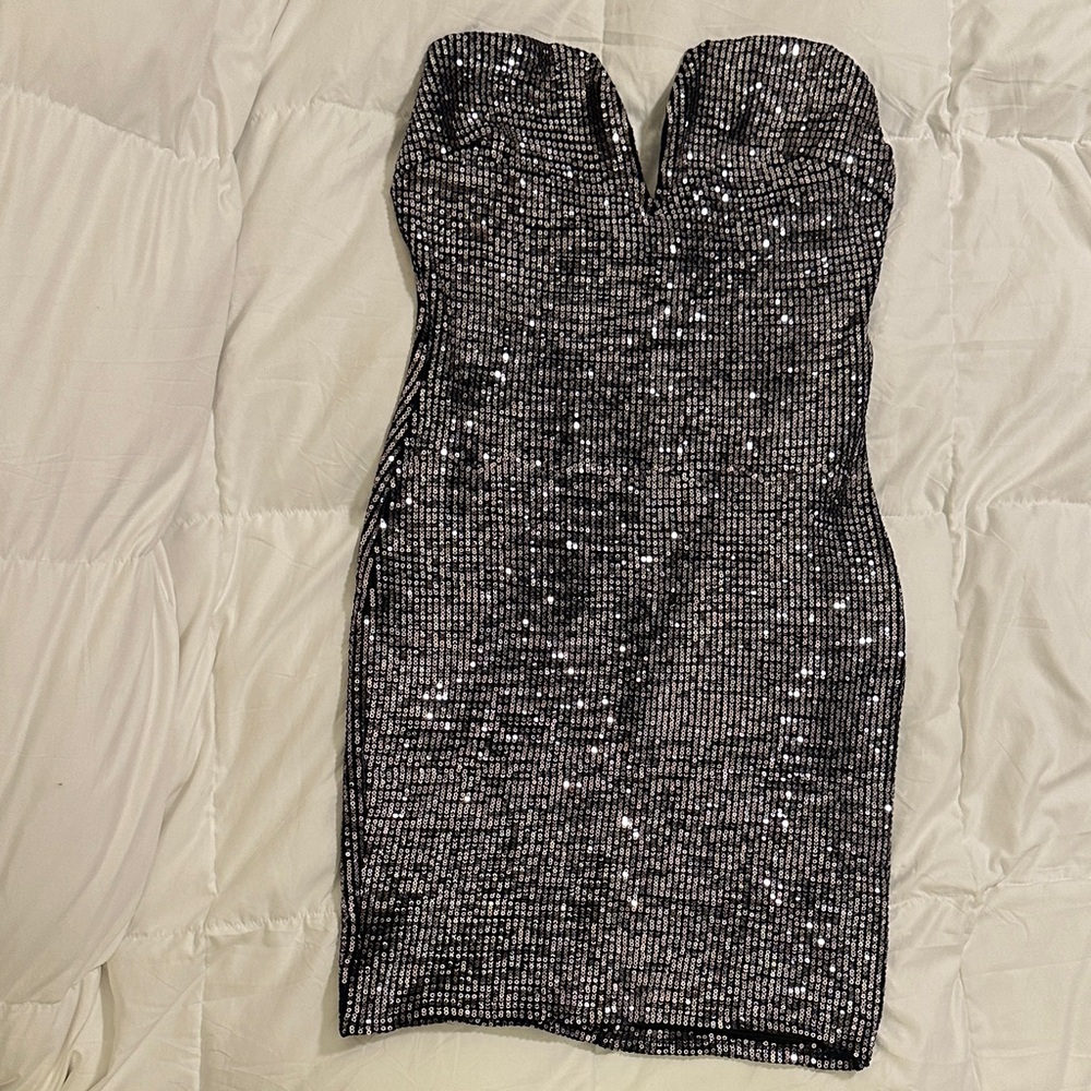 Black and Silver Strapless Sequin Dress